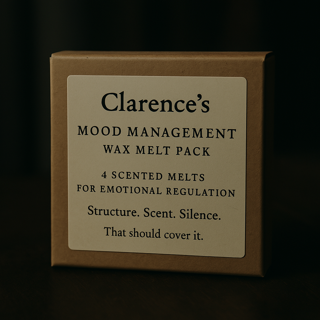 A square kraft box labeled “Clarence’s Mood Management Wax Melt Pack” with minimal design and subdued lighting, styled to reflect quiet authority and emotional restraint.
