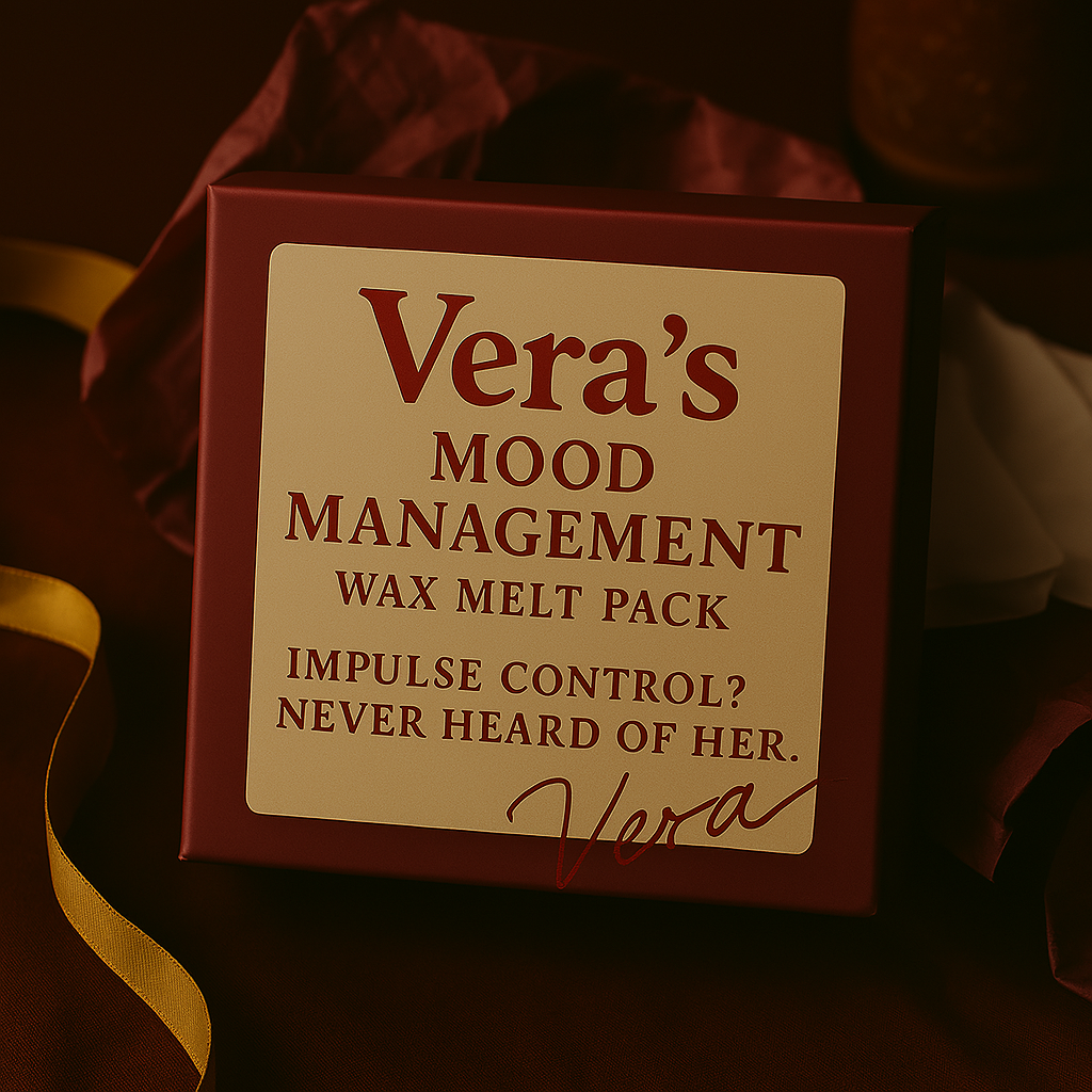 A dramatic square box labeled “Impulse Control? Never Heard of Her” with deep red tones, gold ribbon, and Vera’s handwritten signature, styled for indulgence and theatrical flair.