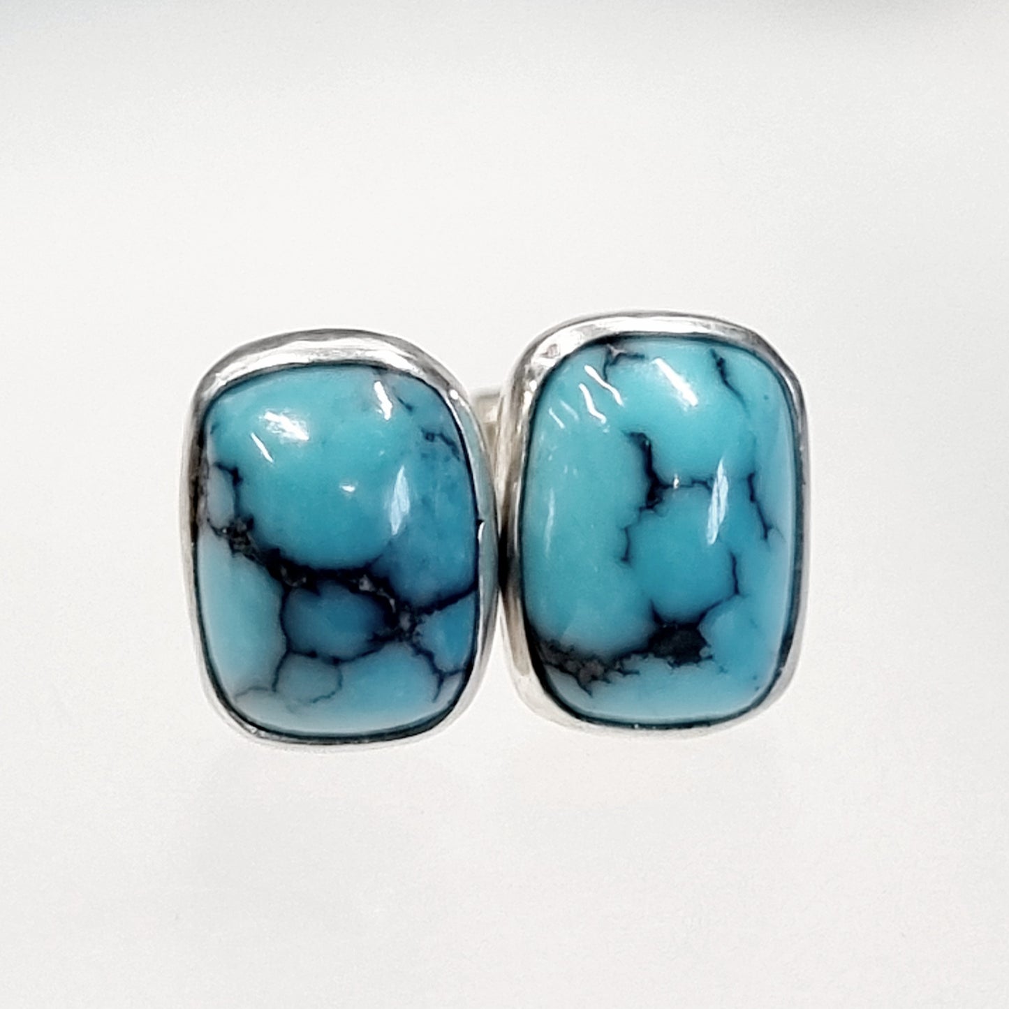 Turquoise stone earrings with silver frames on a white background