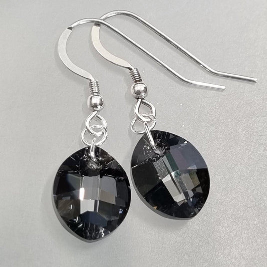 Swarovski Leaf-Cut Earrings – Deep Black Crystal on Sterling Silver Hooks