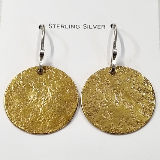 Hand Textured Brass Disc Earrings – 20mm – Sterling Silver Hooks