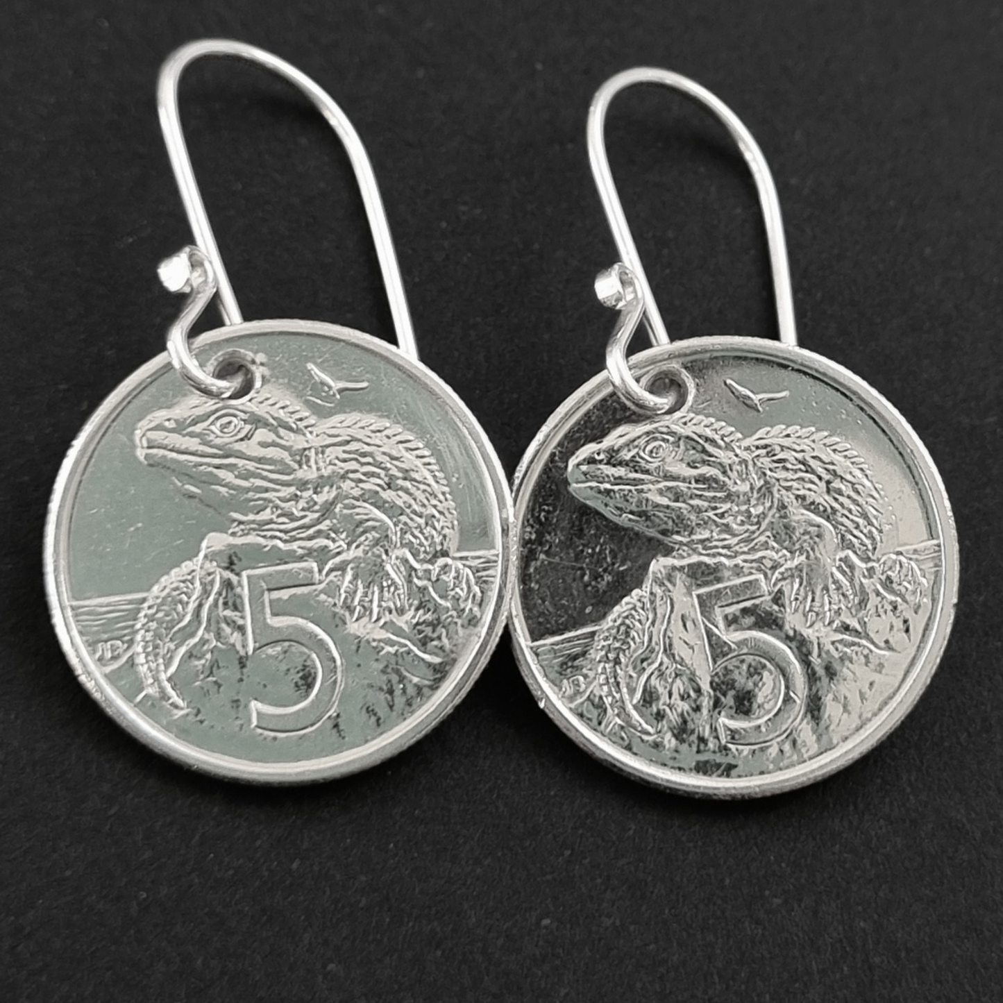 Tuatara 5c Coin Earrings (NZ, Sterling Silver Hooks)