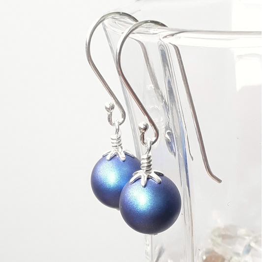 Iridescent Blue Swarovski Pearl Earrings – Sterling Silver