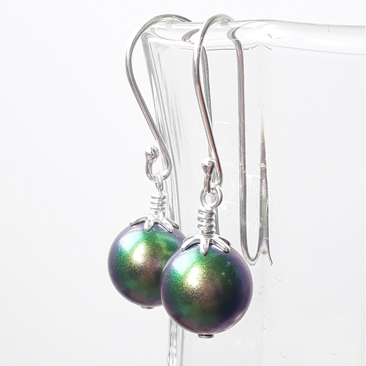 Iridescent Shot Silk Green Swarovski Pearl Earrings – Sterling Silver
