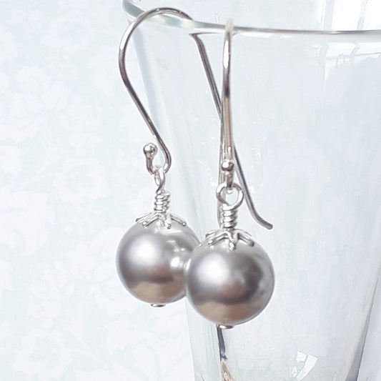 Silvery Grey Swarovski Pearl Earrings – Sterling Silver